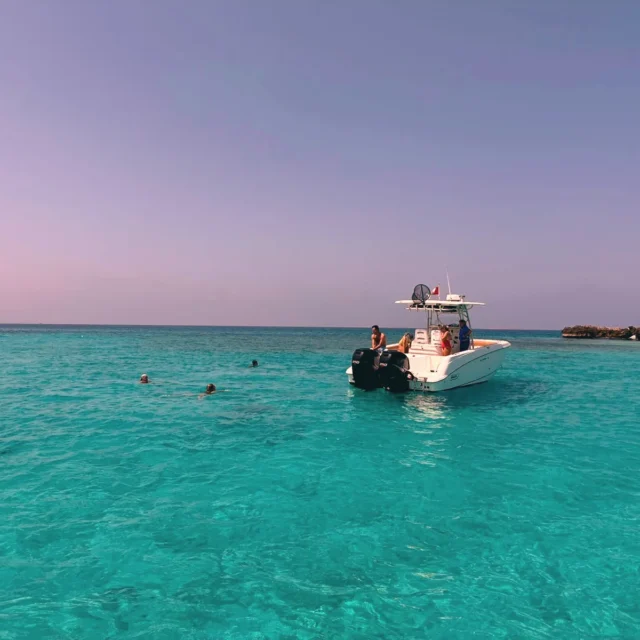 The boat anchored at the reef while guests snorkel
